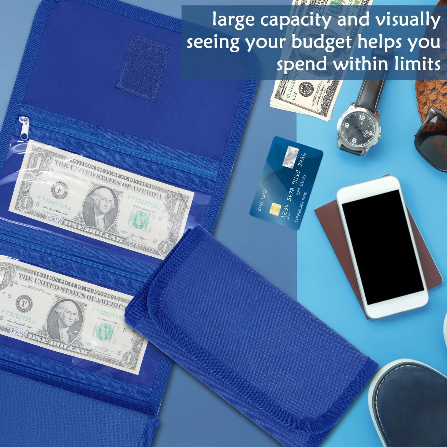 Money Wallet, Money Organizer for Cash with 6 Zippered Pocket Multipack Money Pouch, Cash Bill Organizer, Envelope Wallet Money Bag Small Travel Money Holder for Budgeting, Receipt and Tips (Blue)
