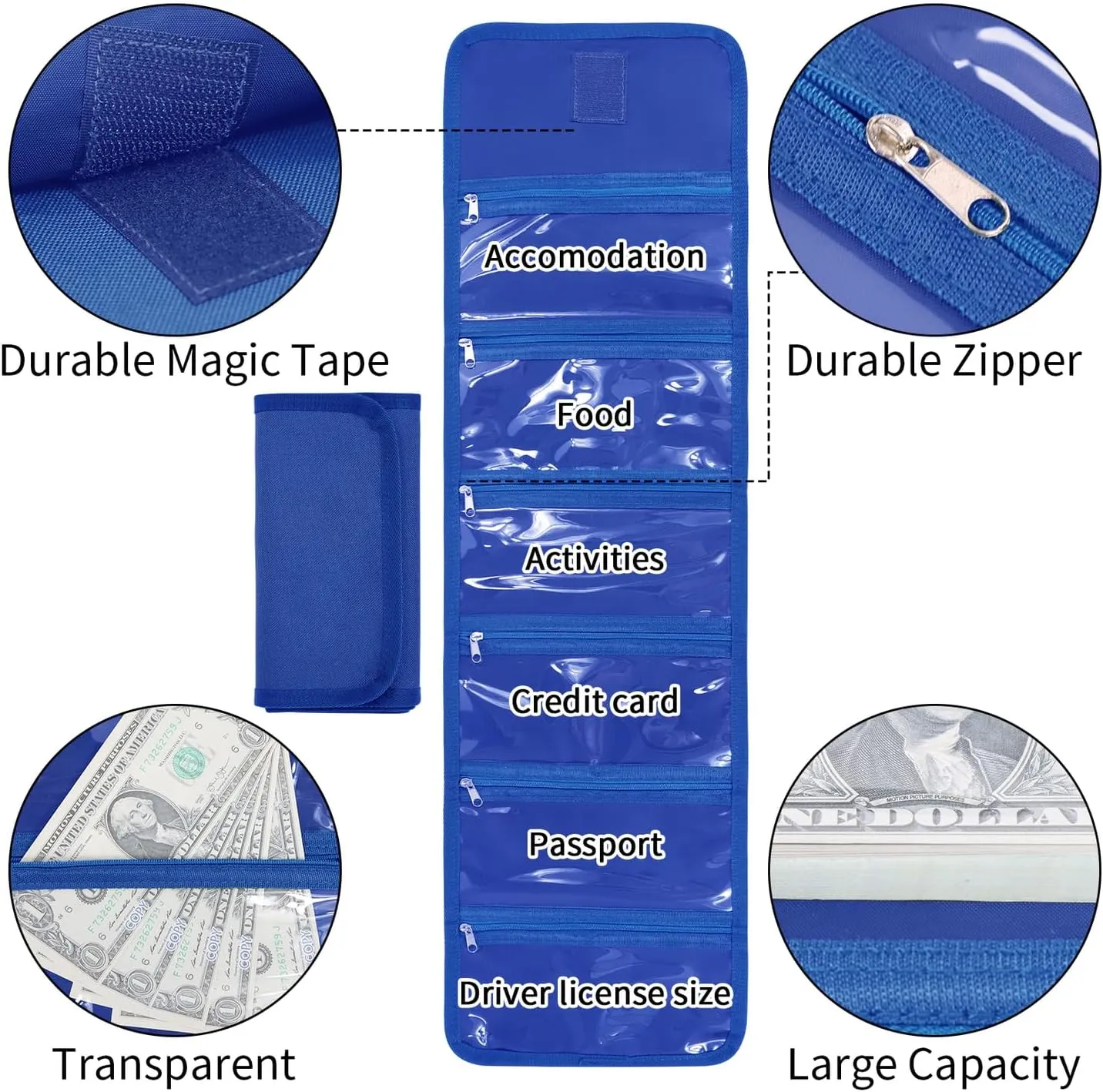 Money Wallet, Money Organizer for Cash with 6 Zippered Pocket Multipack Money Pouch, Cash Bill Organizer, Envelope Wallet Money Bag Small Travel Money Holder for Budgeting, Receipt and Tips (Blue)