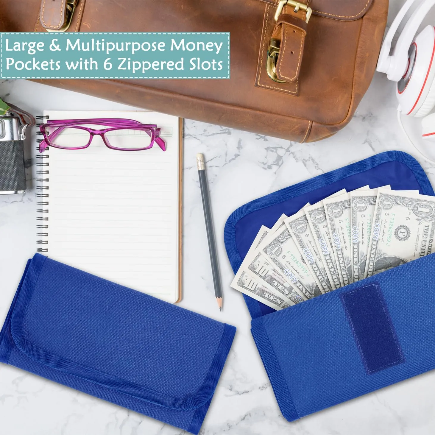 Money Wallet, Money Organizer for Cash with 6 Zippered Pocket Multipack Money Pouch, Cash Bill Organizer, Envelope Wallet Money Bag Small Travel Money Holder for Budgeting, Receipt and Tips (Blue)