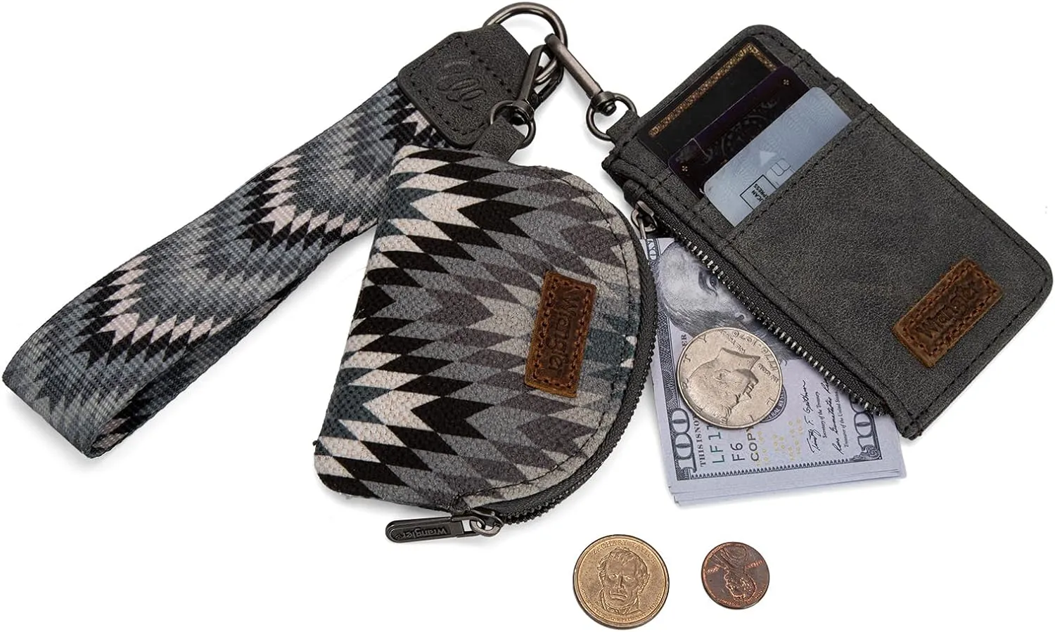 Montana West Wrangler Aztec Keychain Wristlet Wallets for Women Western Dual Pouch Wristlet Credit Card Holder Wallet with Zipper Pocket WG2211-W0051GY