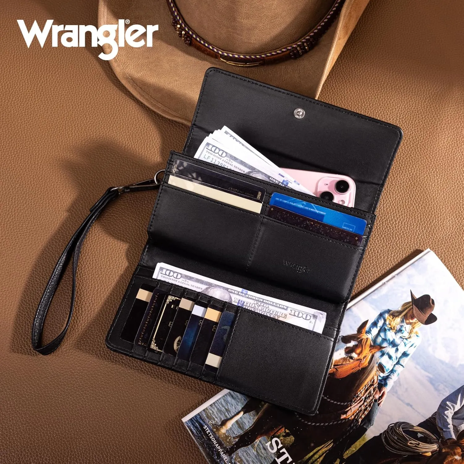 Montana West X Wrangler Western Wallets for Women Trifold Wristlet Wallets Large Capacity Women Clutch Wallet with Coin Purse