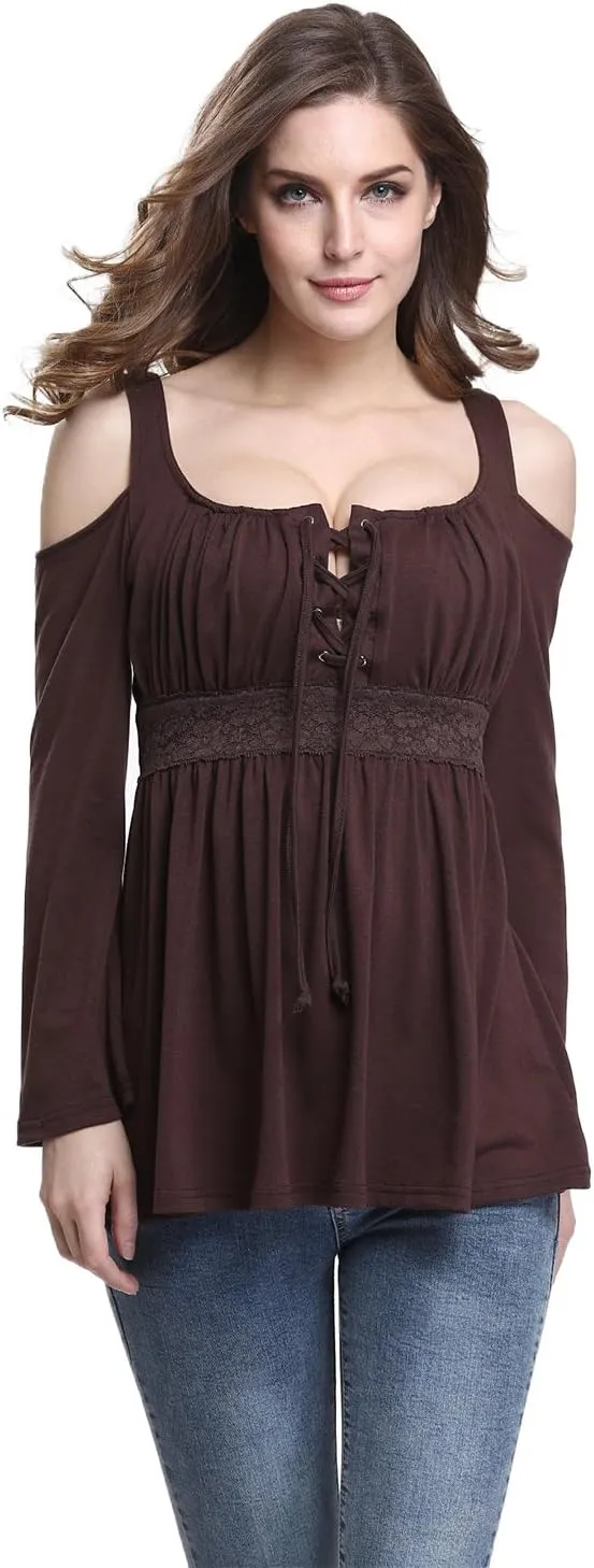 MOONCOLOUR Women's Cold Shoulder Lace Up Casual Tunic Solid Blouse Tops