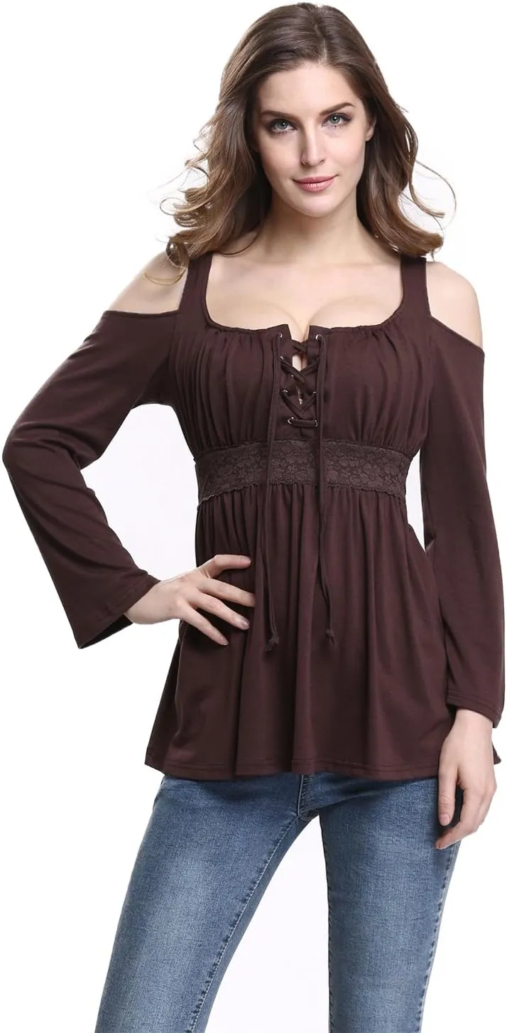MOONCOLOUR Women's Cold Shoulder Lace Up Casual Tunic Solid Blouse Tops