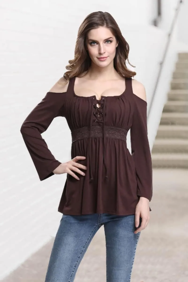 MOONCOLOUR Women's Cold Shoulder Lace Up Casual Tunic Solid Blouse Tops
