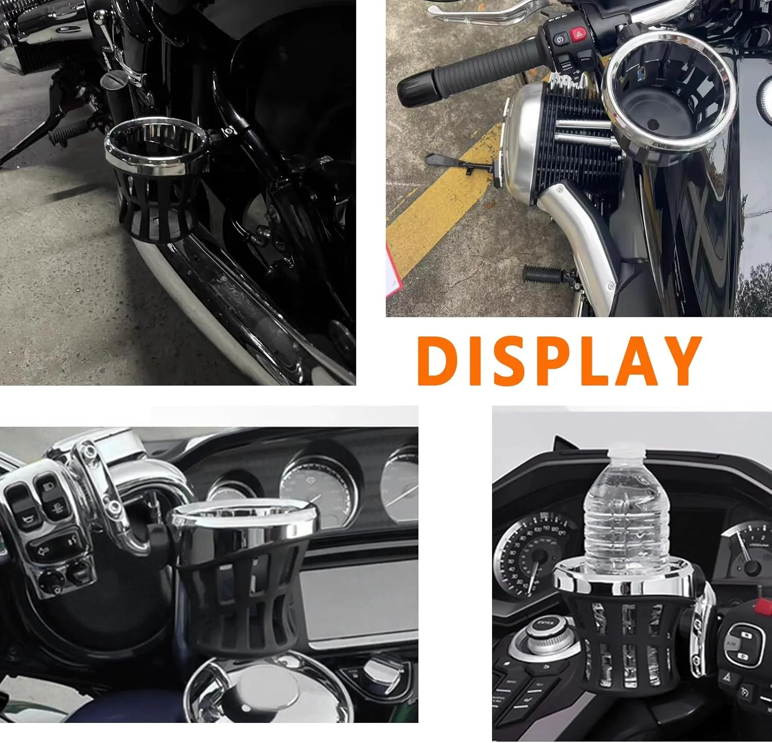 Motorcycle Handlebar Drink Cup Holder Plated and Rubber Chrome/Black Mount for Harley Davidson Passenger Water Bottle Holder with Mesh Basket for Honda Goldwing GL 1800 (102/142 MM)