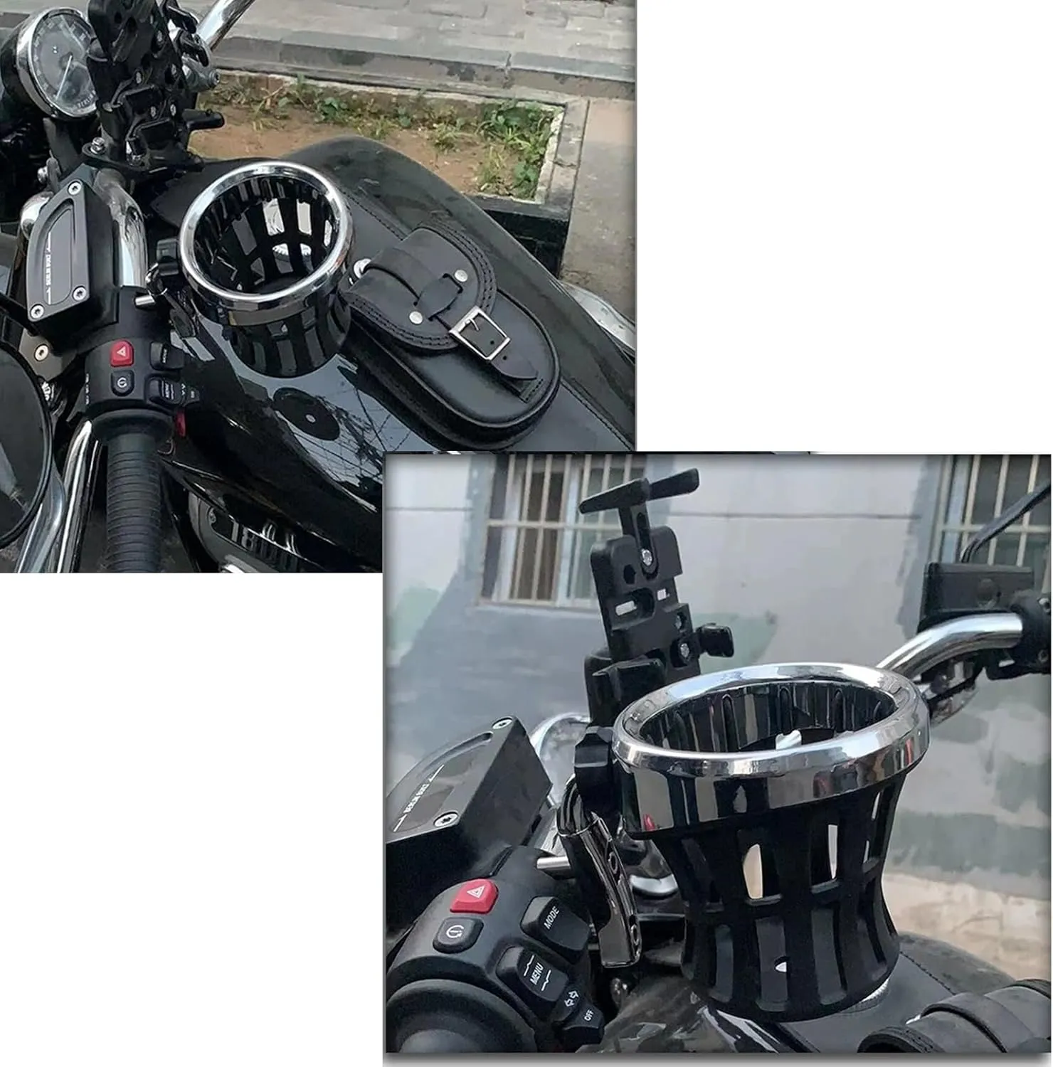 Motorcycle Handlebar Drink Cup Holder Plated and Rubber Chrome/Black Mount for Harley Davidson Passenger Water Bottle Holder with Mesh Basket for Honda Goldwing GL 1800 (102/142 MM)