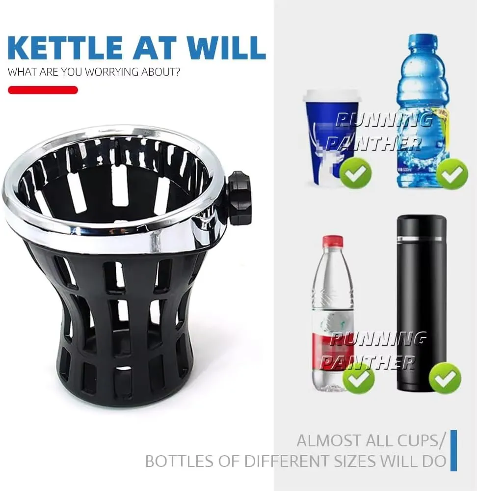 Motorcycle Handlebar Drink Cup Holder Plated and Rubber Chrome/Black Mount for Harley Davidson Passenger Water Bottle Holder with Mesh Basket for Honda Goldwing GL 1800 (102/142 MM)
