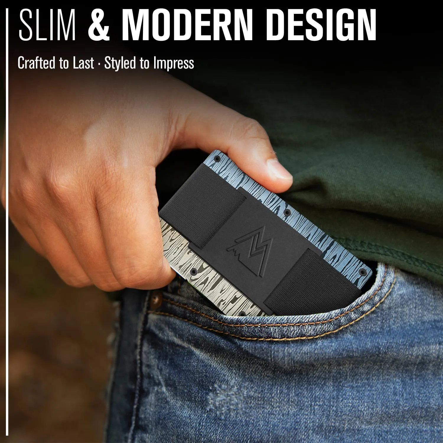 Mountain Voyage Co Minimalist Cash Strap - Slim RFID Blocking Wallet for Men & Women - Scratch Resistant, Credit Card Holder, Easily Removable Money & Cards, Aluminium Wallet (Damascus Alloy)