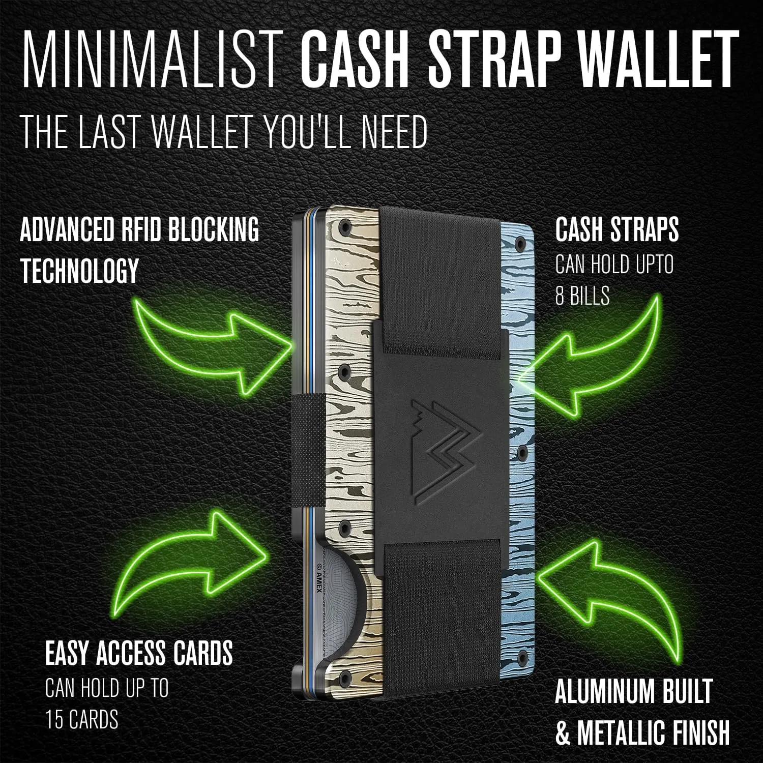 Mountain Voyage Co Minimalist Cash Strap - Slim RFID Blocking Wallet for Men & Women - Scratch Resistant, Credit Card Holder, Easily Removable Money & Cards, Aluminium Wallet (Damascus Alloy)