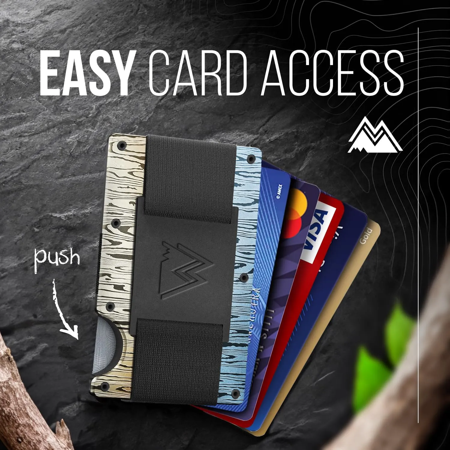 Mountain Voyage Co Minimalist Cash Strap - Slim RFID Blocking Wallet for Men & Women - Scratch Resistant, Credit Card Holder, Easily Removable Money & Cards, Aluminium Wallet (Damascus Alloy)