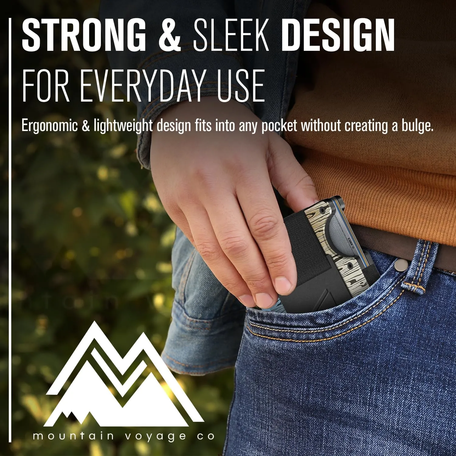 Mountain Voyage Co Minimalist Cash Strap - Slim RFID Blocking Wallet for Men & Women - Scratch Resistant, Credit Card Holder, Easily Removable Money & Cards, Aluminium Wallet (Damascus Alloy)