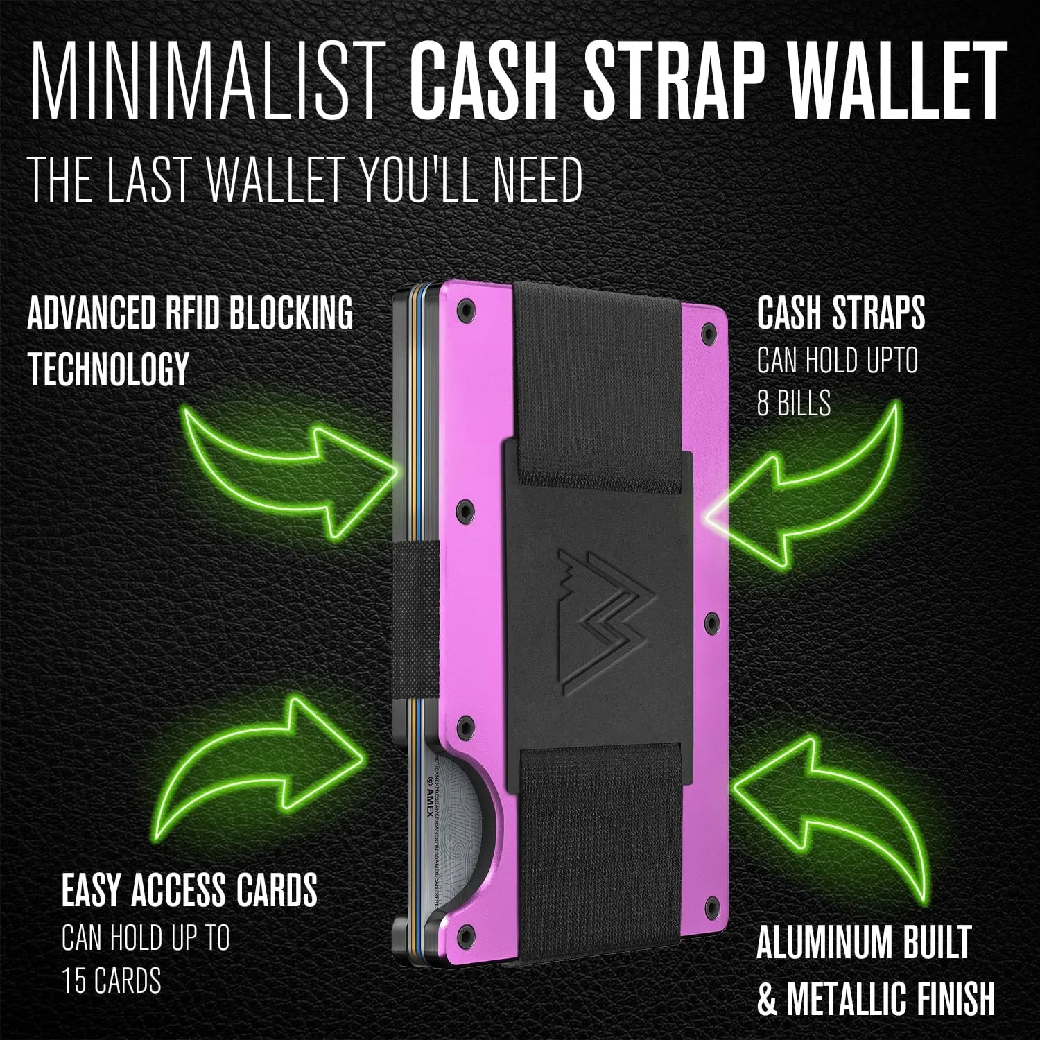Mountain Voyage Co Minimalist Cash Strap Wallet - Slim RFID Blocking Wallet for Men & Women - Scratch Resistant, Credit Card Holder, Easily Removable Money & Cards, Aluminium Wallet (Electric Pink)