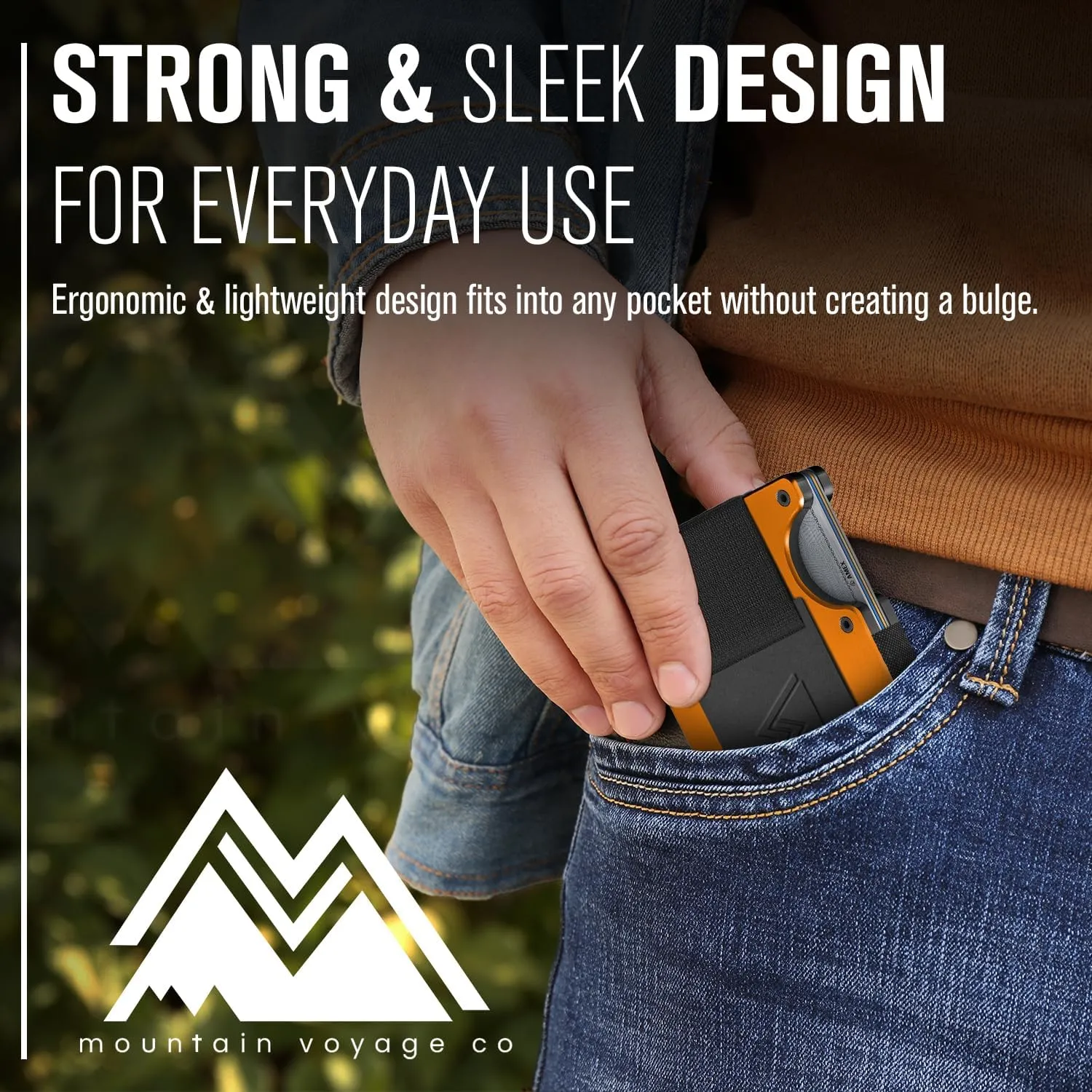 Mountain Voyage Minimalist Cash Strap Wallet - Slim RFID Blocking Wallet for Men & Women - Scratch Resistant, Credit Card Holder, Easily Removable Money & Cards, Aluminium Wallet (Matte Orange)
