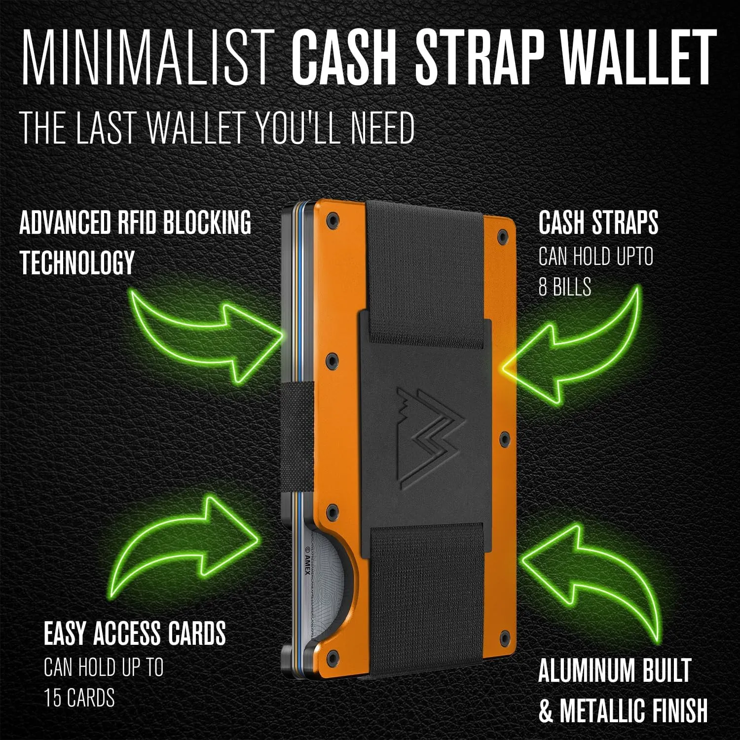 Mountain Voyage Minimalist Cash Strap Wallet - Slim RFID Blocking Wallet for Men & Women - Scratch Resistant, Credit Card Holder, Easily Removable Money & Cards, Aluminium Wallet (Matte Orange)