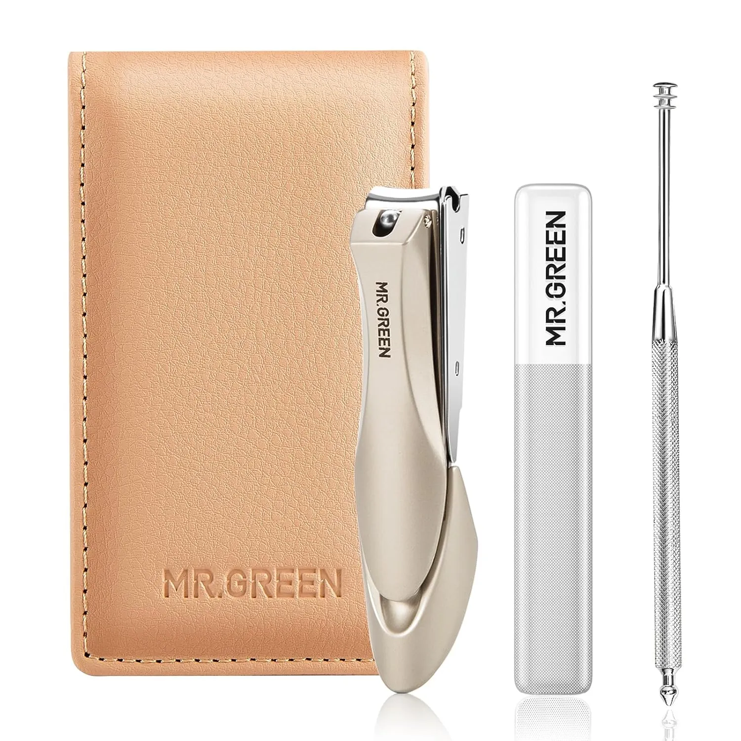 MR.GREEN Nail Clippers, 3PCS Nail Clipper Set with Anti Splash Fingernail Clipper,Ear Pick,Glass Nail File,Professional Nail Clippers for Men and Women, Stainless Steel Nail Cutter with Leather Case