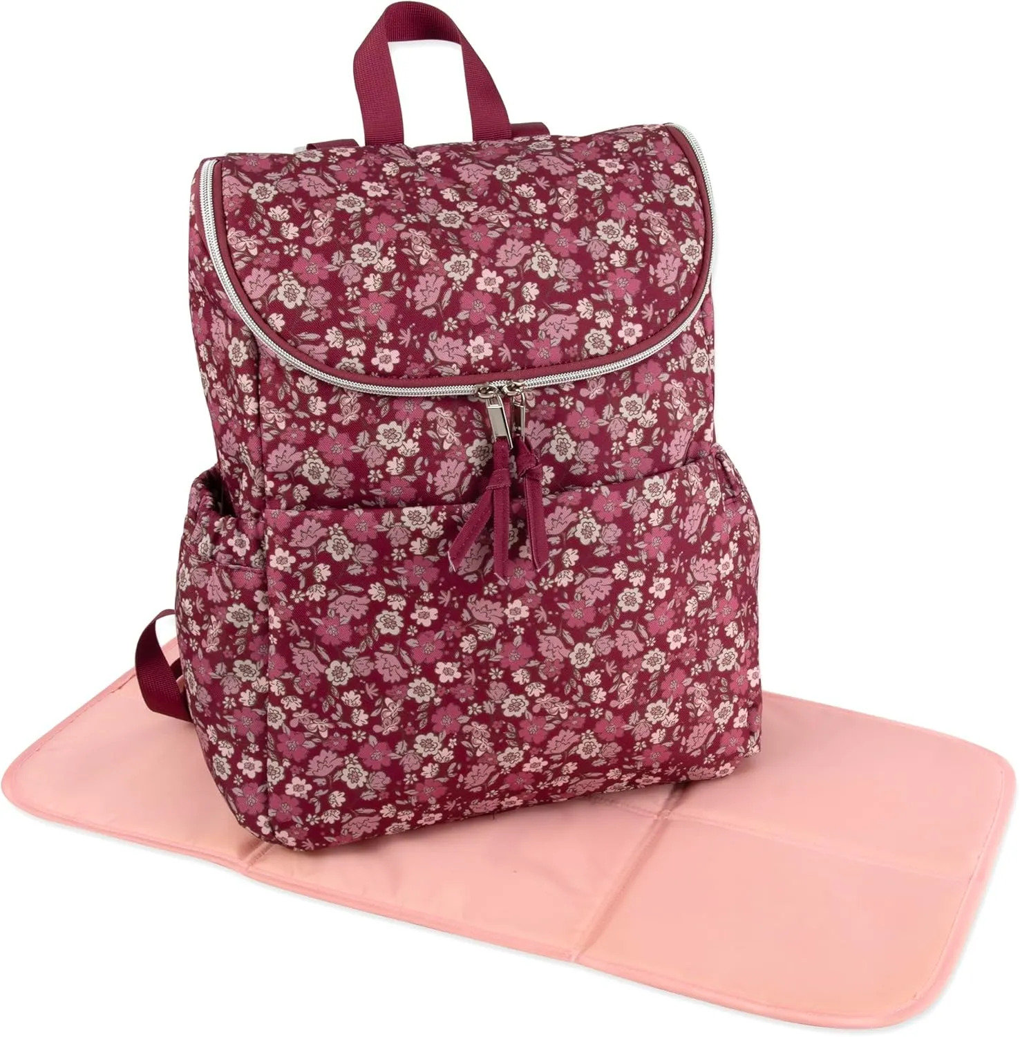 Multi-Function Floral Diaper Backpack and Travel Nappy Baby Bag with Changing Pad and Stroller Straps