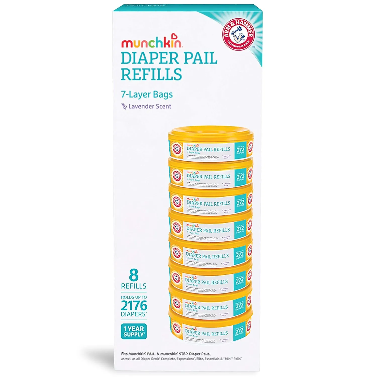 Munchkin® Arm & Hammer Diaper Pail Refill Rings, Holds up to 2,176 Newborn Diapers, 8 Pack