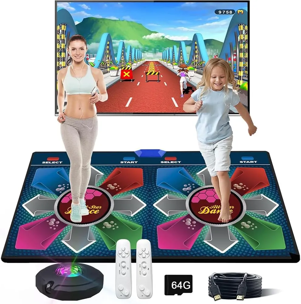 Music Double Dance Mat for Kids and Adults, Fitness Dance Games with 2 Controllers and HD Camera, Memory Card, Bright 7-Color Strobe Light Flashes, Gifts for Girls Boys, 20240624