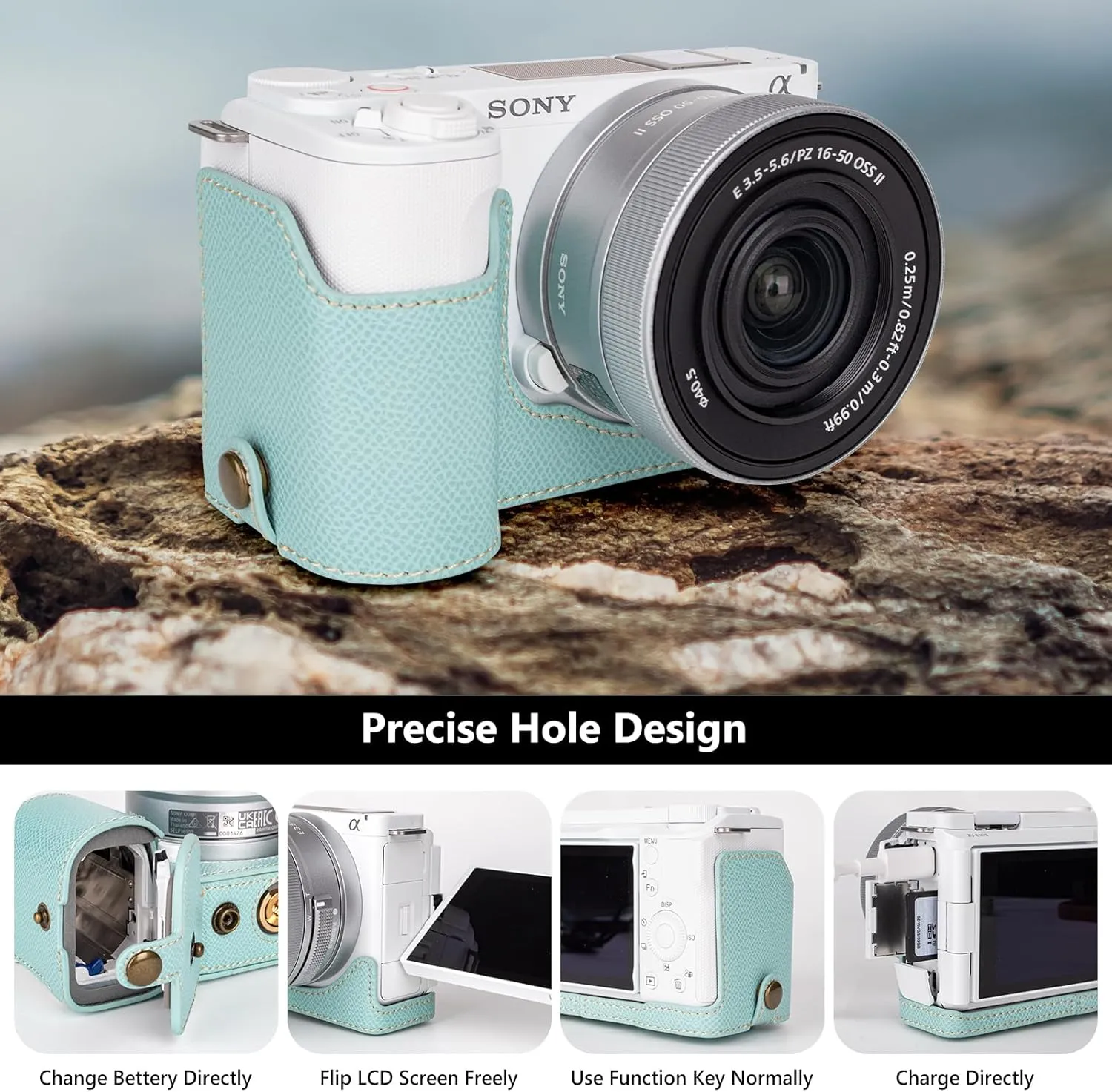 MUZIRI KINOKOO Camera Case for Sony ZV-E10 II, PU Leather Protective Case for Sony Alpha ZV-E10 II/ZVE10 II Camera with 16-50mm Lens - Removable Case with Shoulder Strap & Storage Pocket - Blue