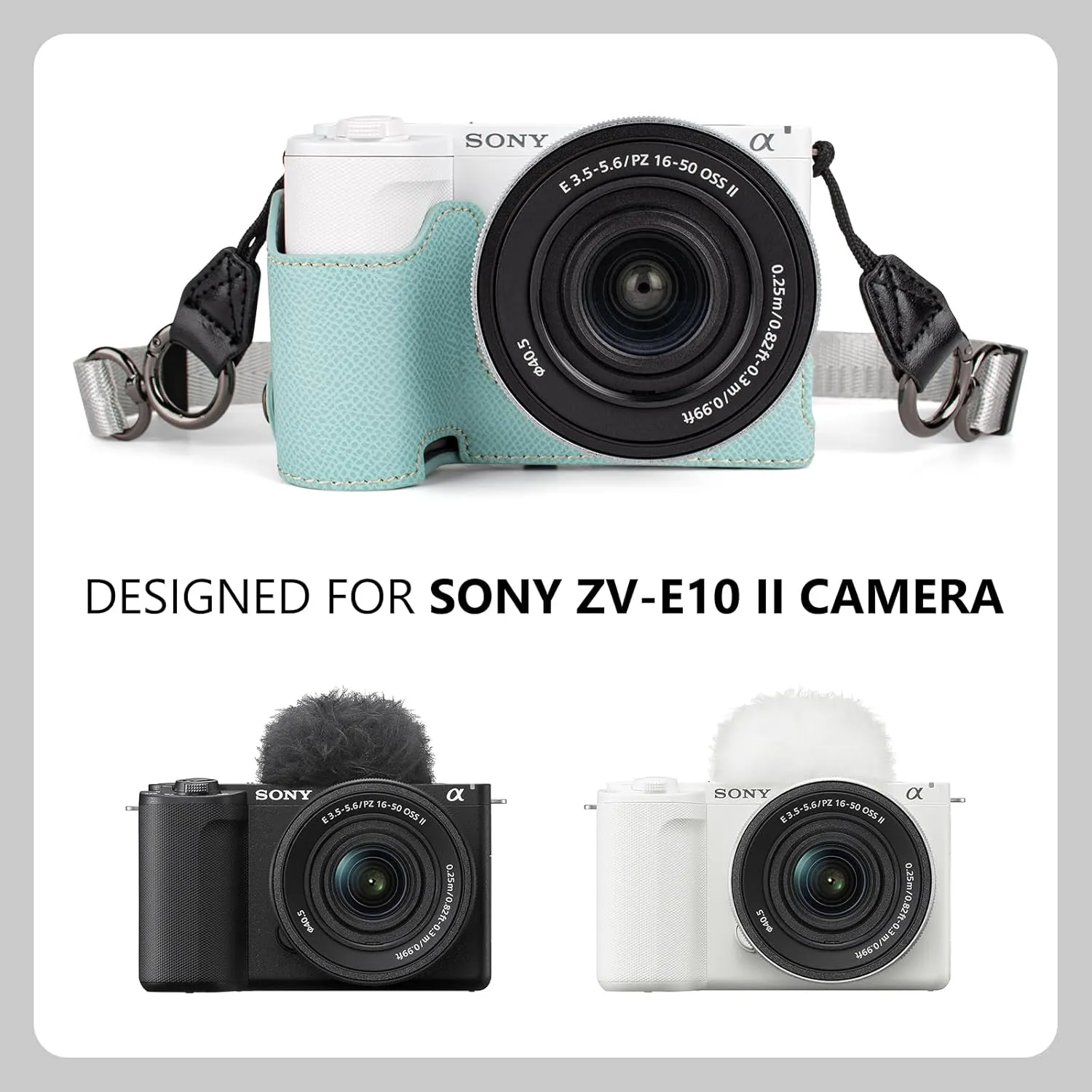 MUZIRI KINOKOO Camera Case for Sony ZV-E10 II, PU Leather Protective Case for Sony Alpha ZV-E10 II/ZVE10 II Camera with 16-50mm Lens - Removable Case with Shoulder Strap & Storage Pocket - Blue