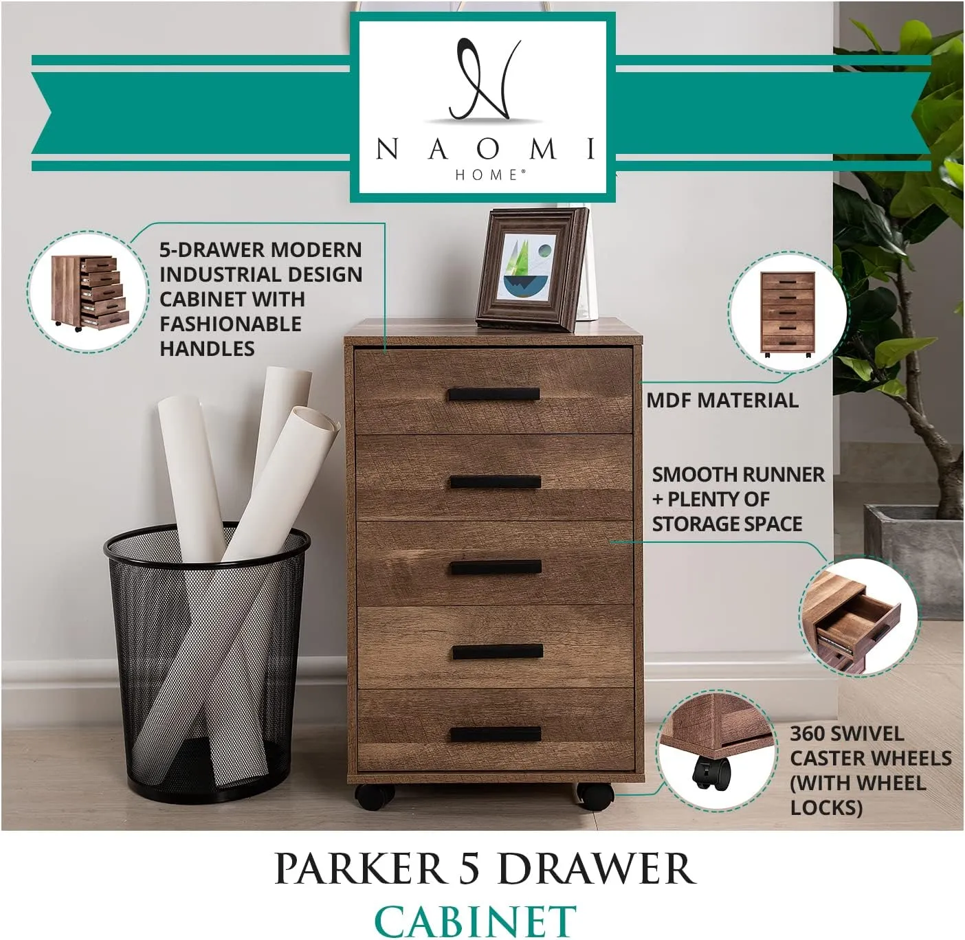 Naomi Home Parker 5 Drawer Office File Cabinet White