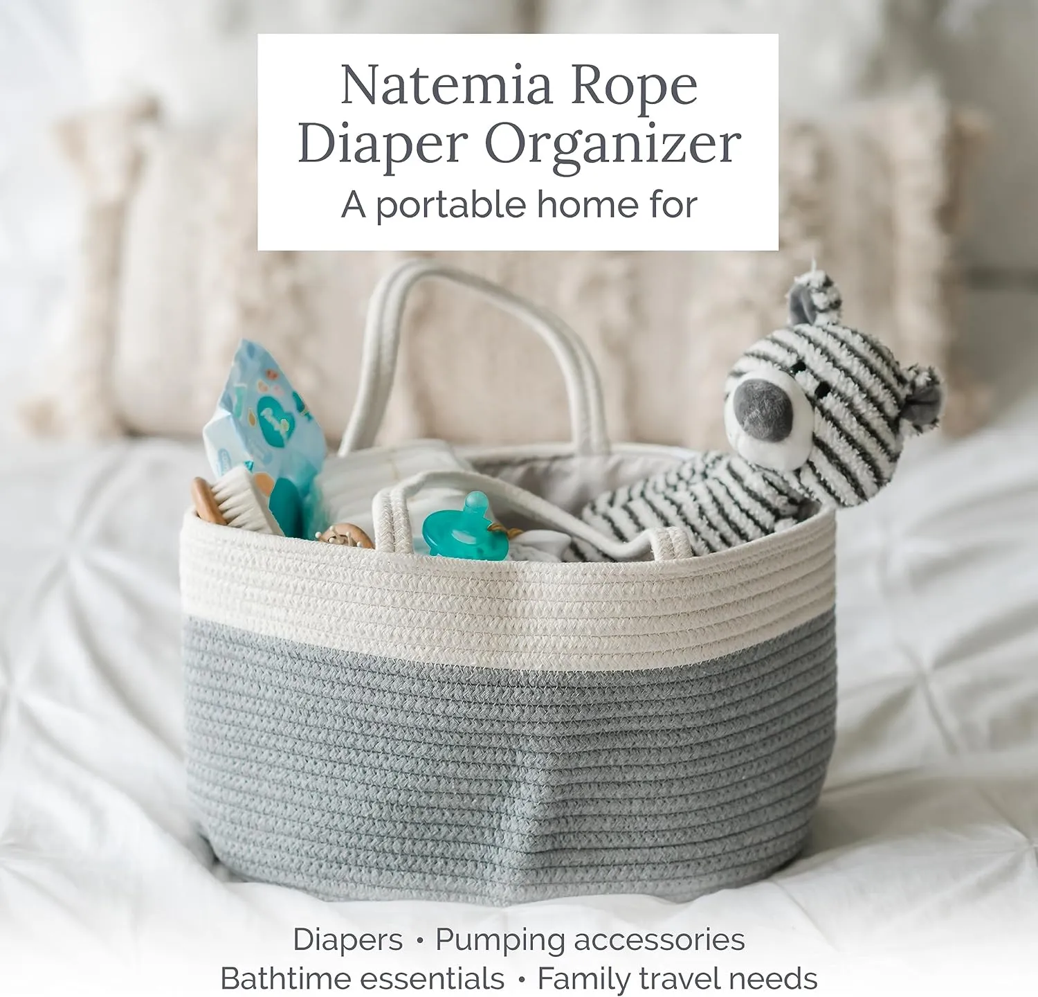 Natemia Baby Nappy Caddy Organiser - Large Portable Baby Caddy for Diapers and Wipes, Baby Basket for Newborn, Baby Storage Basket, Baby Baskets for Hampers, Gift Basket