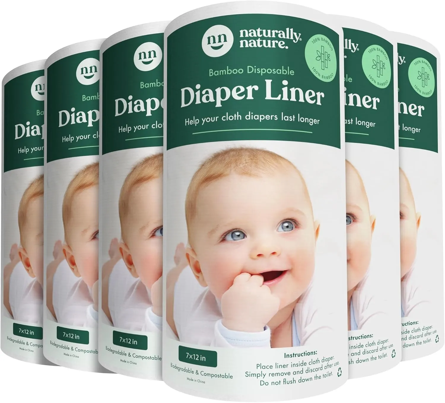 Naturally Nature Disposable Cloth Diaper Liners, Unscented, Fragrance-Free, Chlorine Free Diaper Inserts - 600 Count - (6 Rolls, 100 Sheets per Roll)