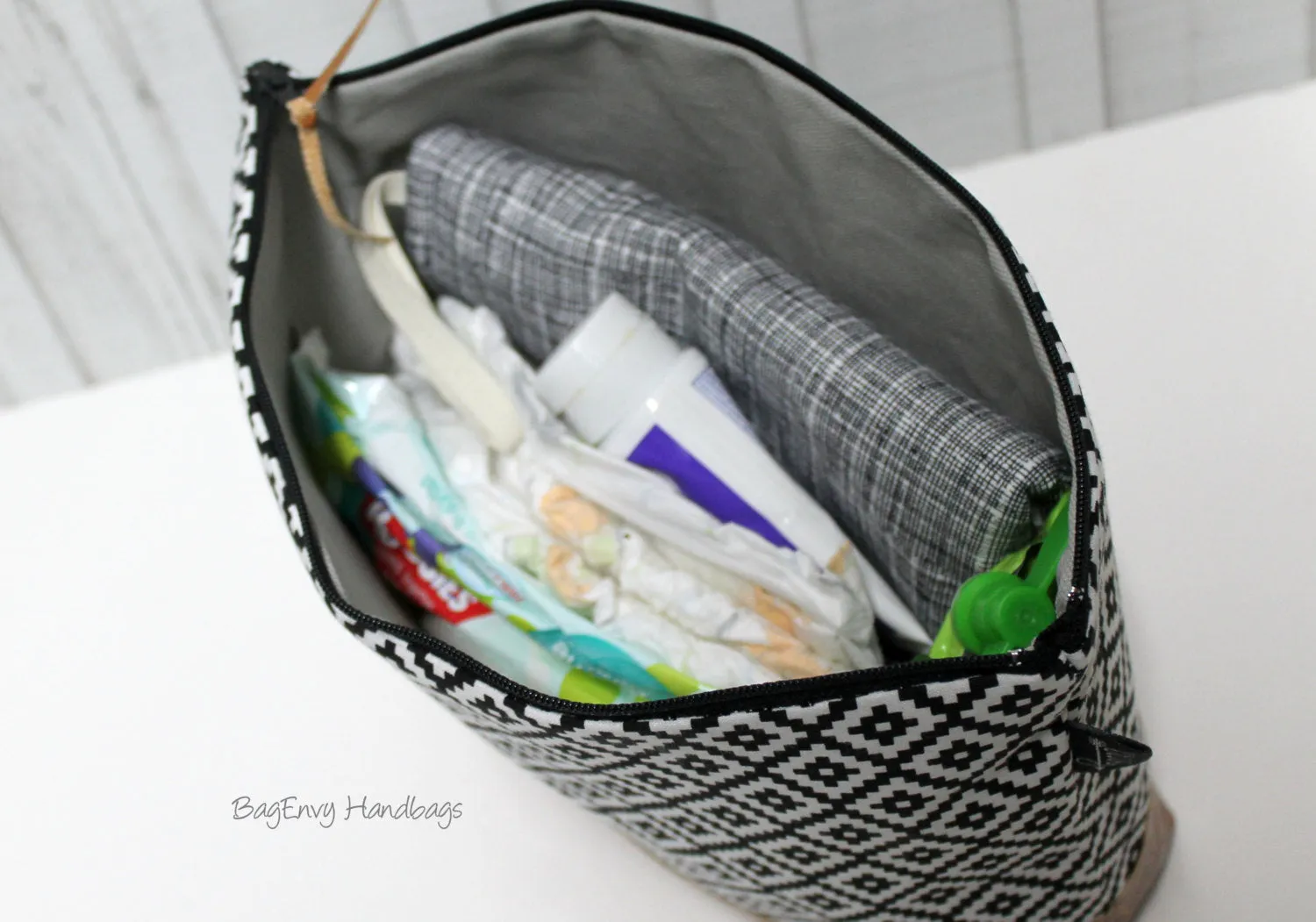 Navy Arrows with Vegan Leather - Large Make Up Bag / Diaper Clutch / Bridesmaid Gift