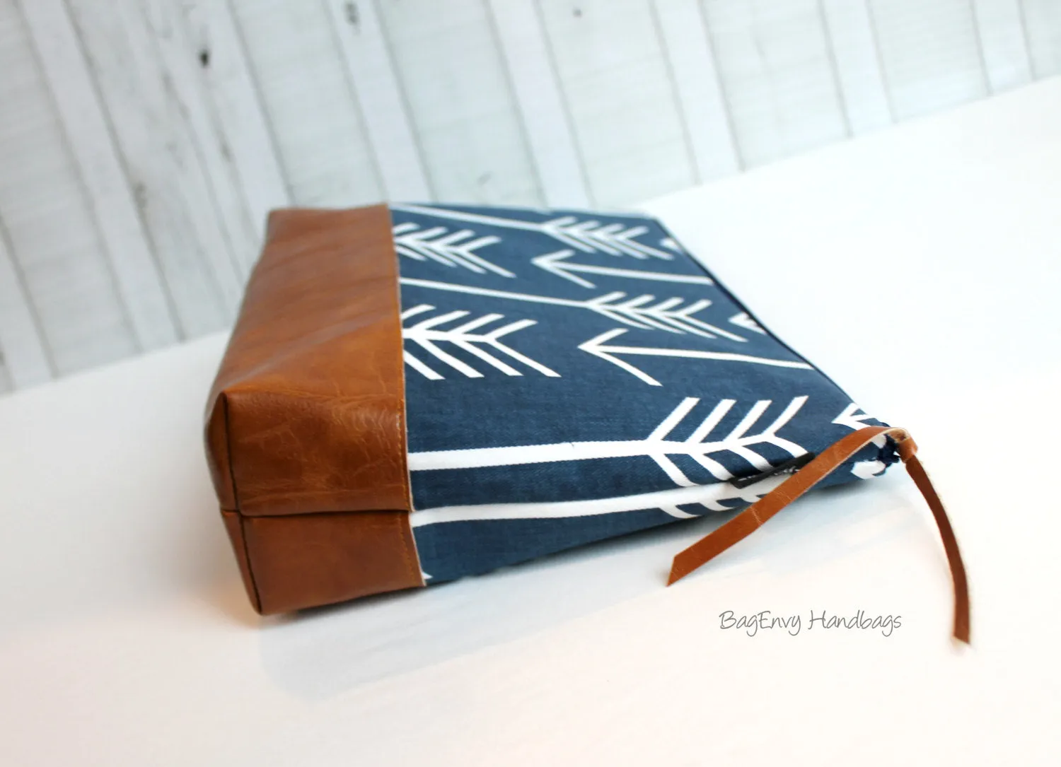 Navy Arrows with Vegan Leather - Large Make Up Bag / Diaper Clutch / Bridesmaid Gift
