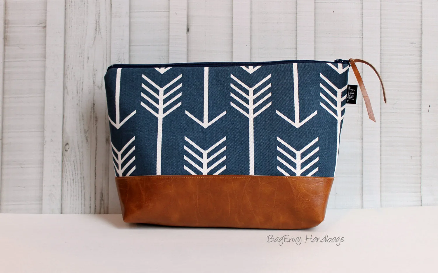 Navy Arrows with Vegan Leather - Large Make Up Bag / Diaper Clutch / Bridesmaid Gift