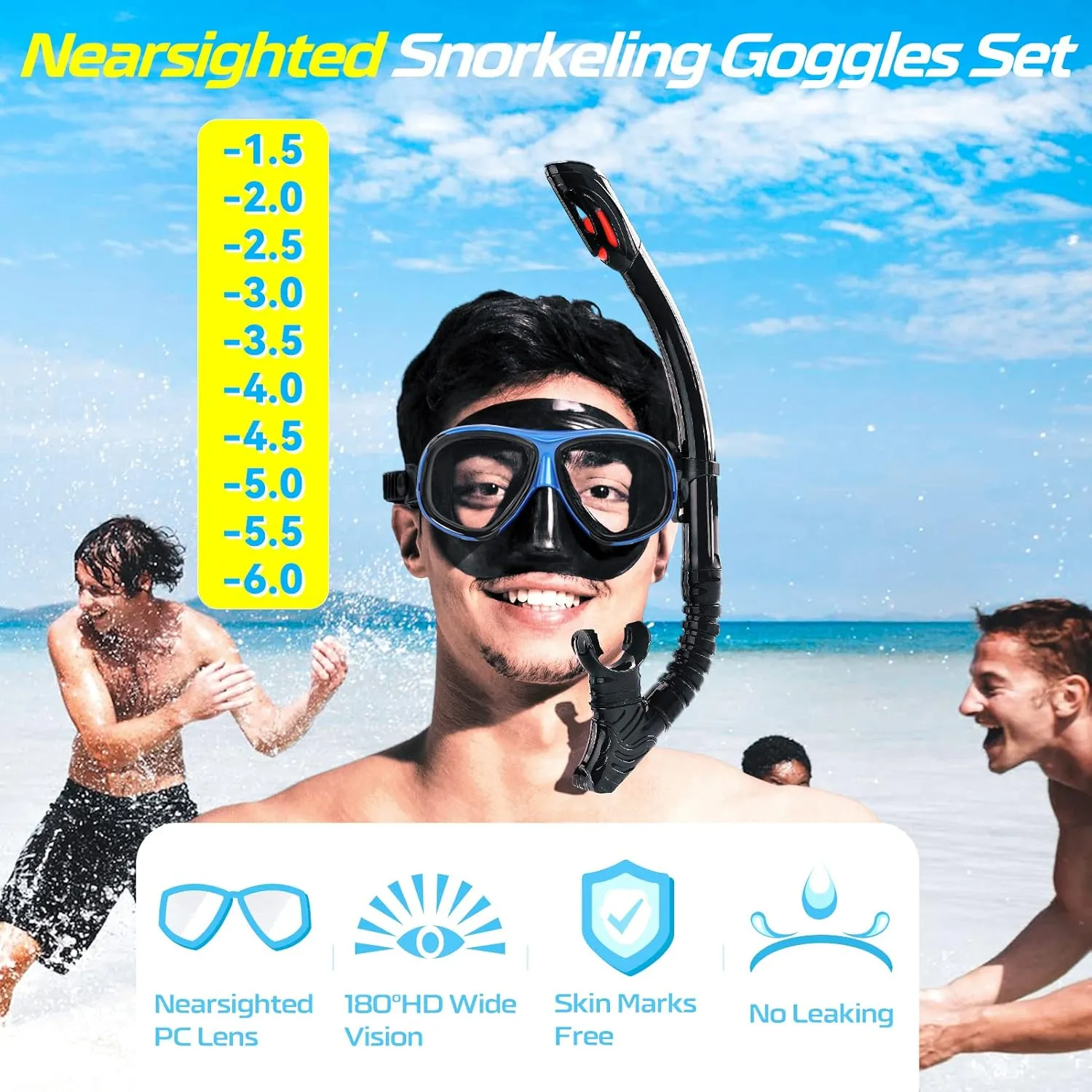 Nearsighted Snorkel Gear, Nearsighted Dry Snorkel Mask Set for Adult Youth, Nearsighted Anti Fog Diving Mask with Detachable Camera Mount & Adjustable Strap for Scuba Diving, Snorkeling, Freediving