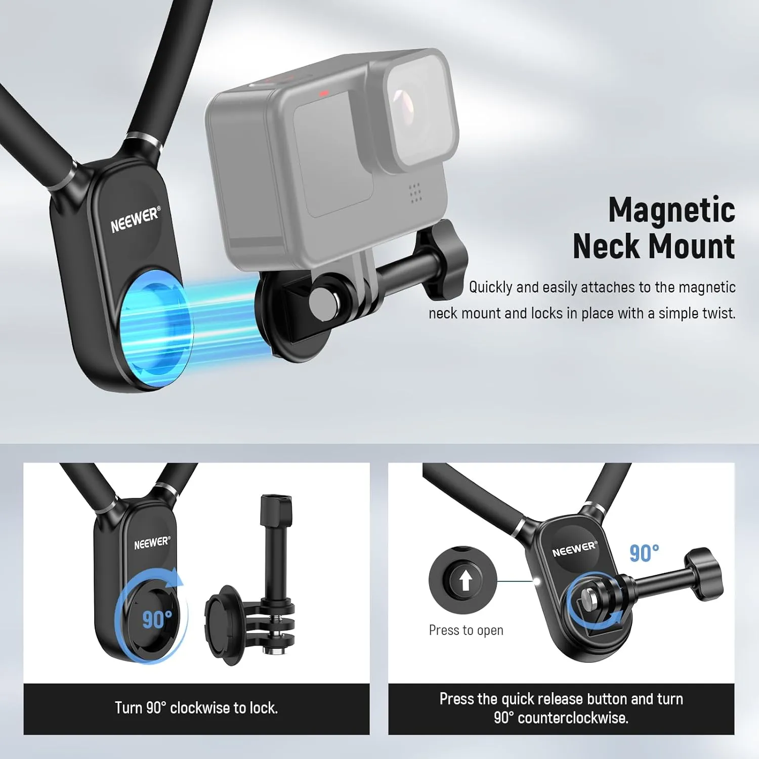 NEEWER Magnetic Neck Mount Compatible with GoPro Hero 13 12 11 MAX DJI Action 4 Insta360 iPhone 15 Pro Max Samsung S23, Quick Release Flexible POV Action Camera Neck Mount Adapter & Phone Holder, GP15
