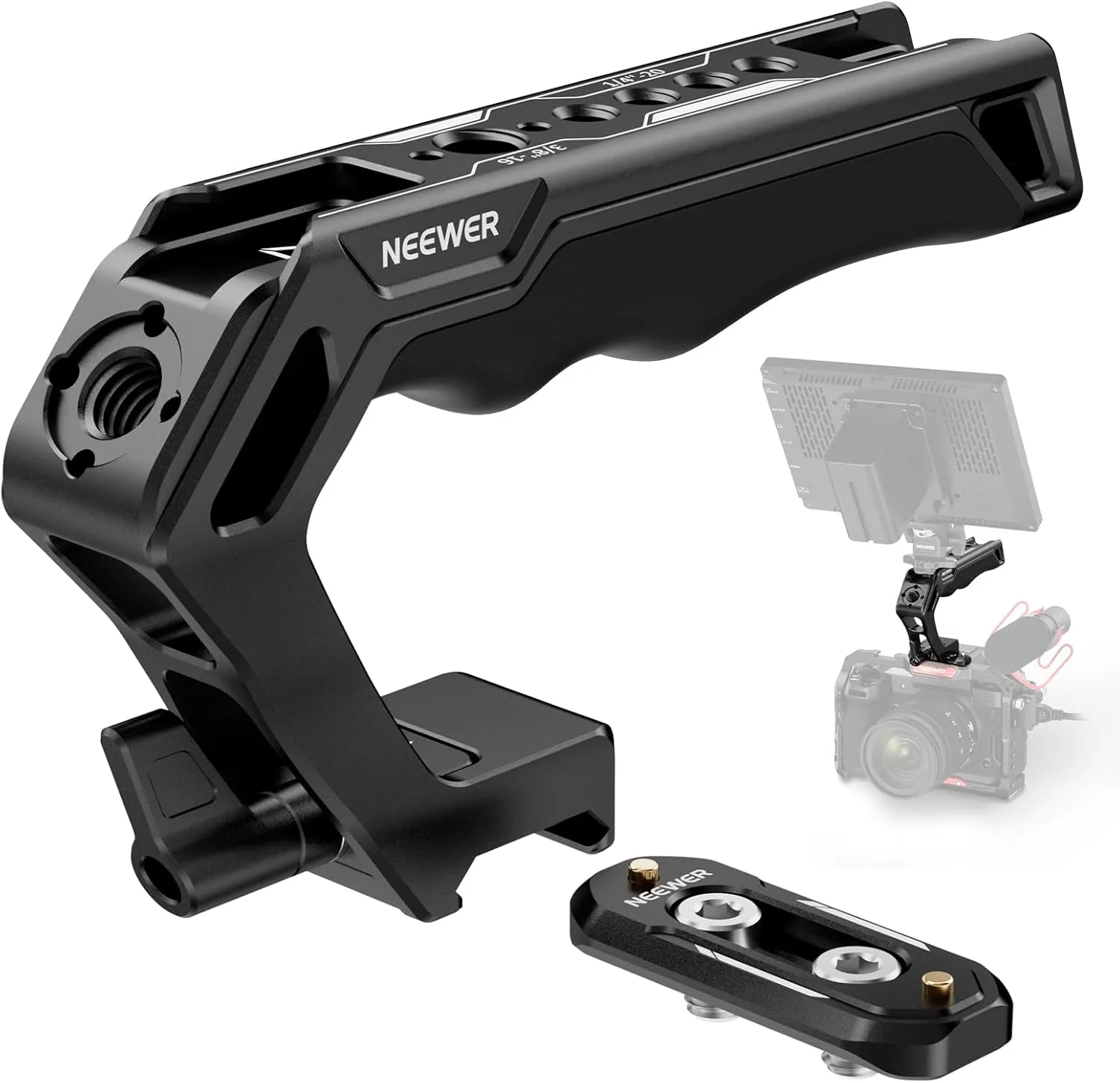 NEEWER Top Handle and NATO Rail Kit, Comfort Silicone Grip with Quick Release NATO Clamp, 3 Cold Shoes and 1/4" 3/8" ARRI Threads, Compatible with SmallRig Camera Cage Video Rig, CA008