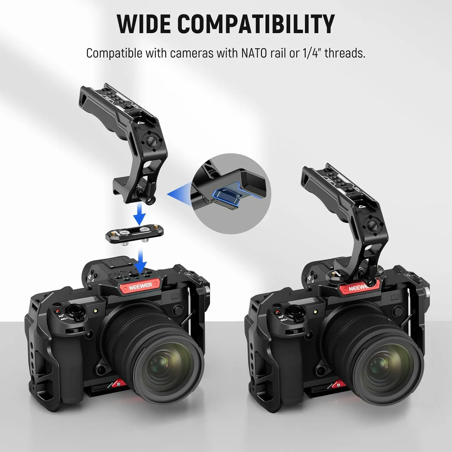 NEEWER Top Handle and NATO Rail Kit, Comfort Silicone Grip with Quick Release NATO Clamp, 3 Cold Shoes and 1/4" 3/8" ARRI Threads, Compatible with SmallRig Camera Cage Video Rig, CA008