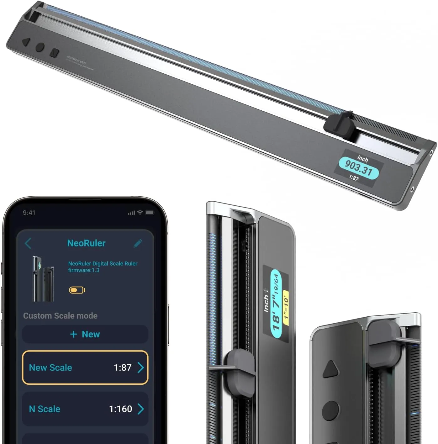 NeoRuler Digital Scale Ruler, 12 inch Smart Scale Ruler with Infinite Customized Scales and ±0.004 inch Accuracy, 93 Built-in US Imperial, Metric Scales, Architectural and Engineering