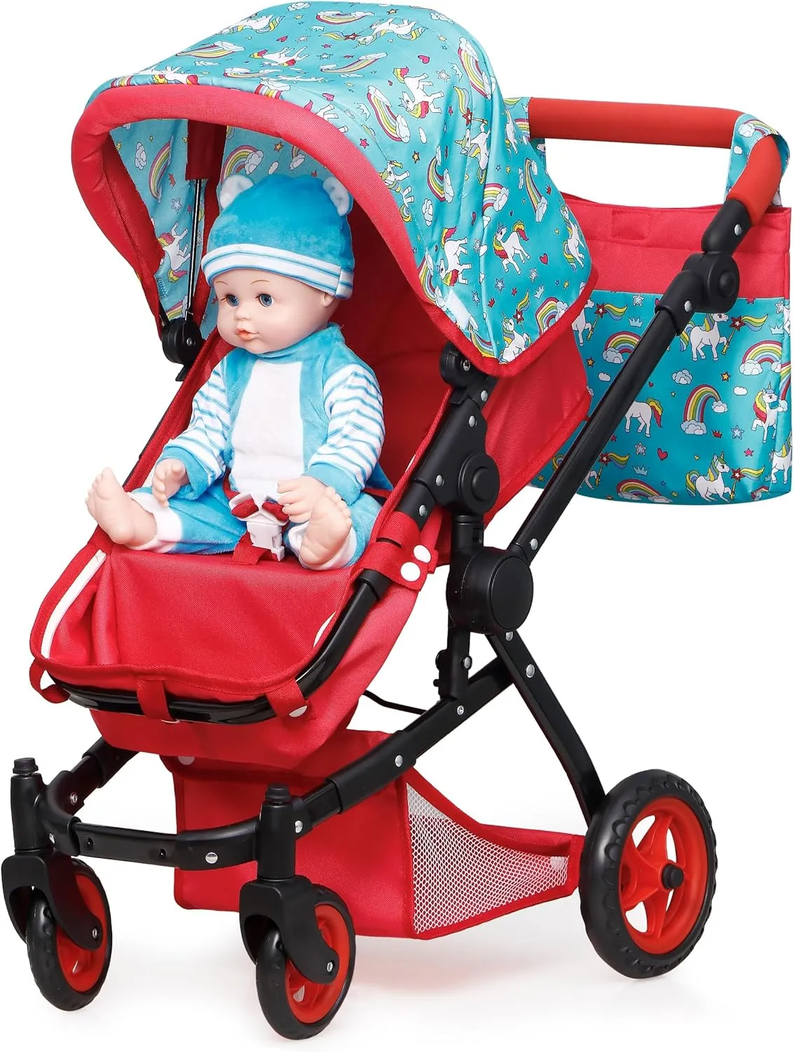 NEW - Fash n kolor® Baby Doll Stroller, Foldable Pram for Baby Doll - Cute Unicorn Design Doll Toy Stroller with Swiveling Wheel, Adjustable Handle, Gift for Kids - 2023 Limited Edition
