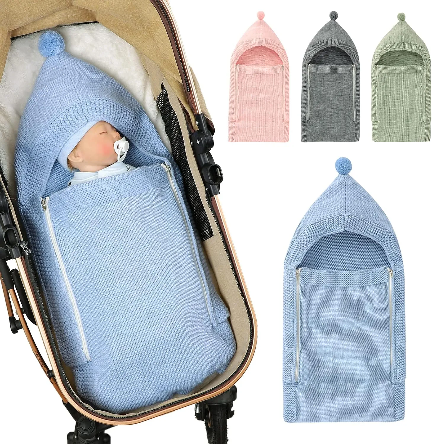 Newborn Baby Swaddle Blanket Knitted Baby Hooded Sleeping Bag Soft Warm Stroller Wrap Cozy Receiving Blanket for 0-6 Months Boys Girls (Blue)