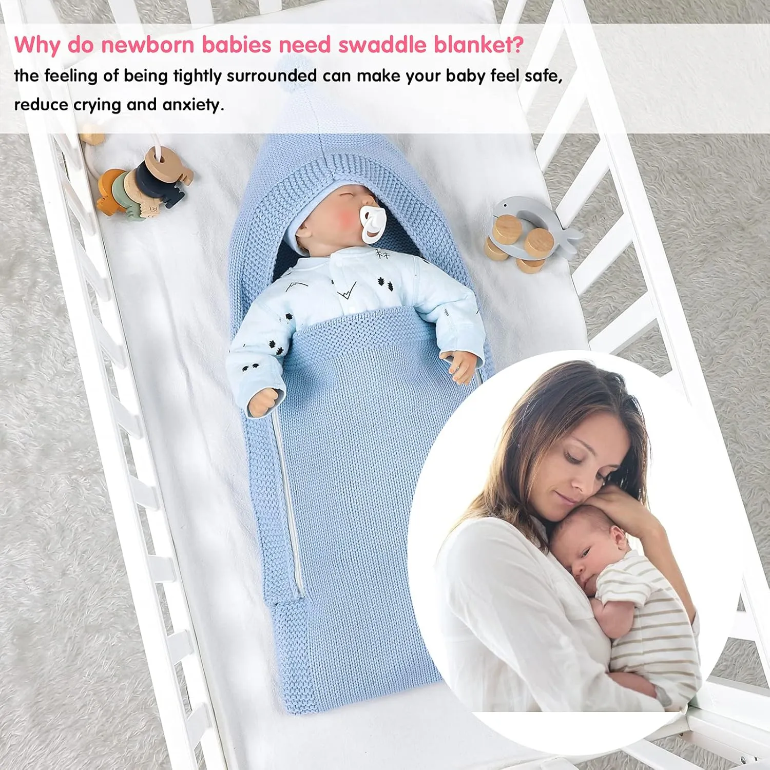 Newborn Baby Swaddle Blanket Knitted Baby Hooded Sleeping Bag Soft Warm Stroller Wrap Cozy Receiving Blanket for 0-6 Months Boys Girls (Blue)