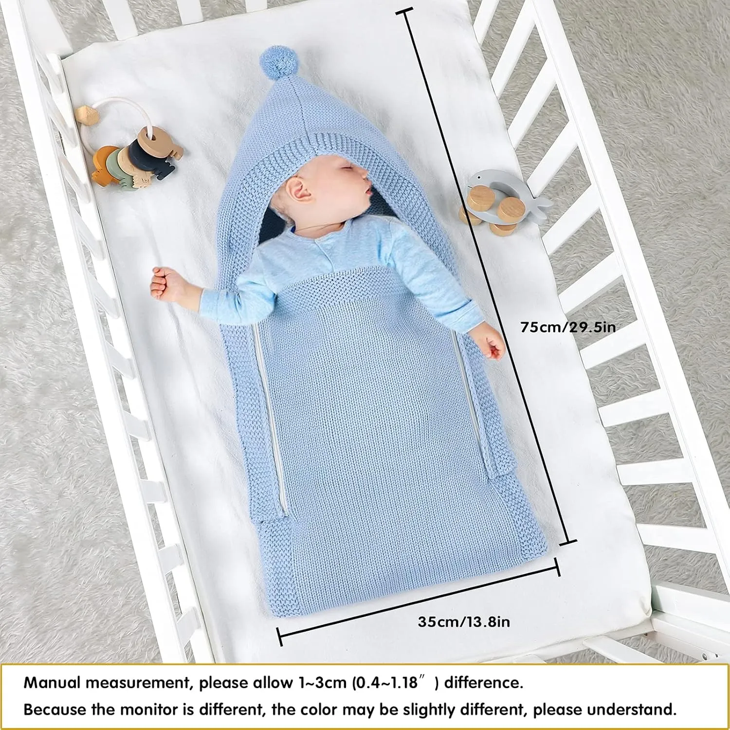 Newborn Baby Swaddle Blanket Knitted Baby Hooded Sleeping Bag Soft Warm Stroller Wrap Cozy Receiving Blanket for 0-6 Months Boys Girls (Blue)