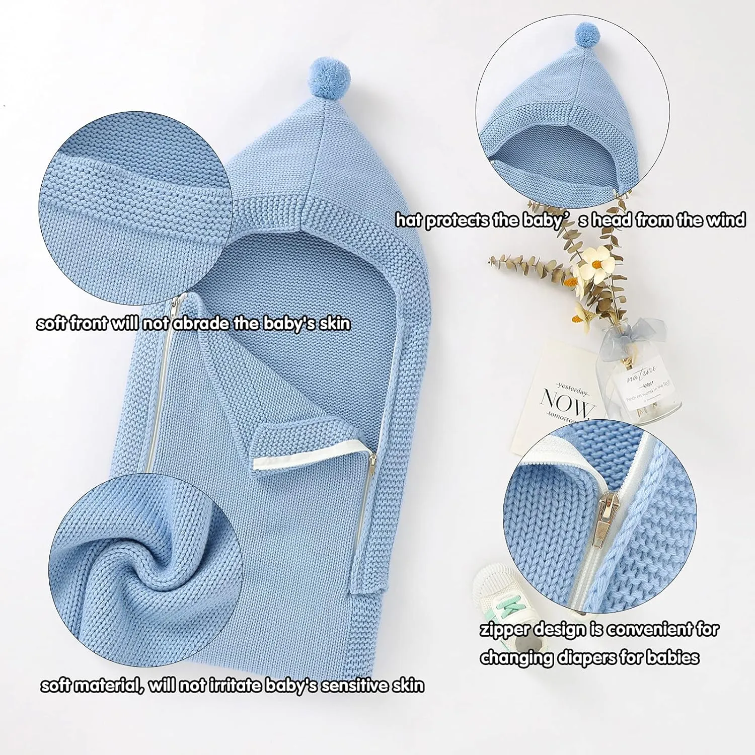 Newborn Baby Swaddle Blanket Knitted Baby Hooded Sleeping Bag Soft Warm Stroller Wrap Cozy Receiving Blanket for 0-6 Months Boys Girls (Blue)