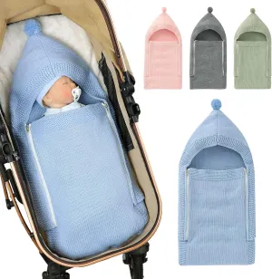 Newborn Baby Swaddle Blanket Knitted Baby Hooded Sleeping Bag Soft Warm Stroller Wrap Cozy Receiving Blanket for 0-6 Months Boys Girls (Blue)