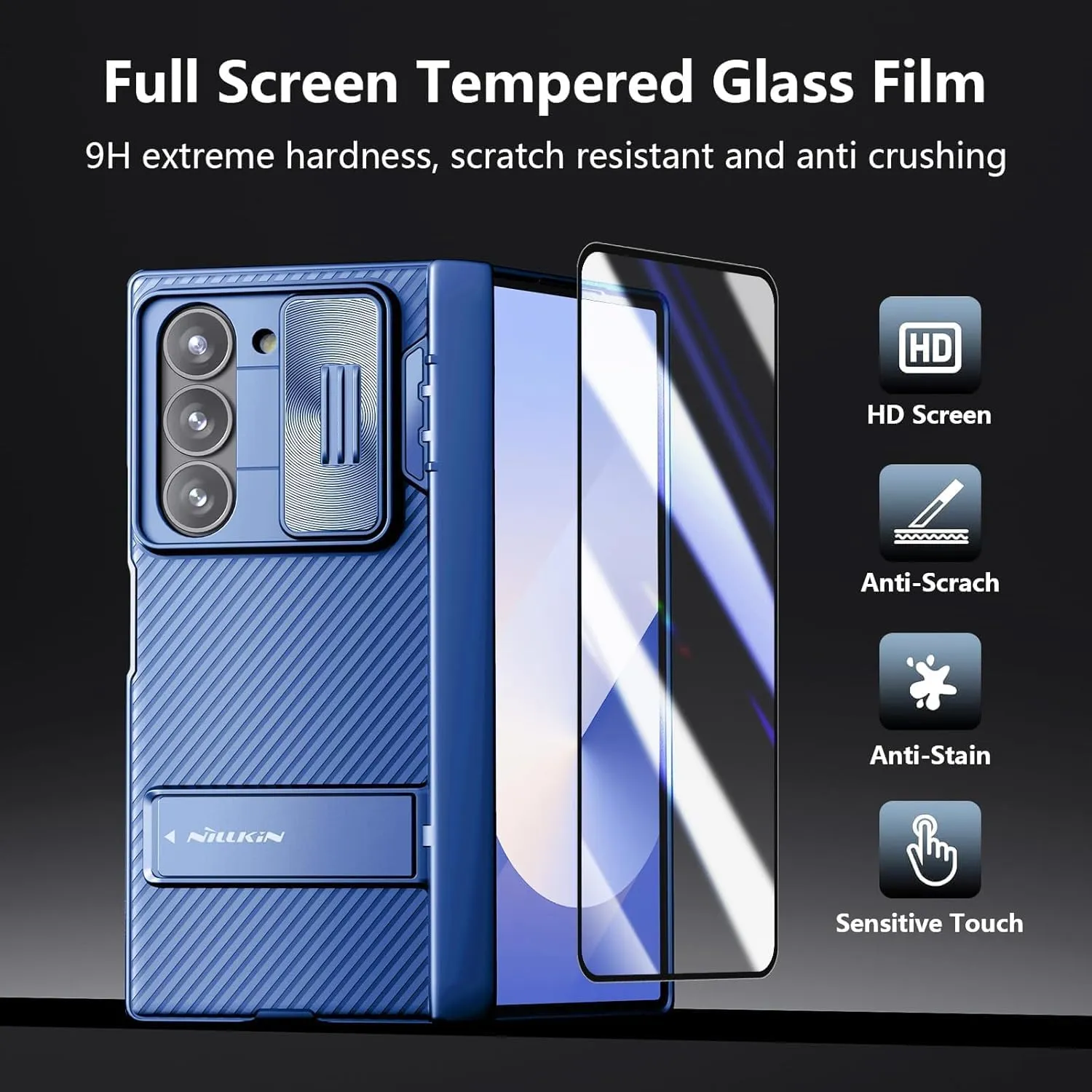 Nillkin for Samsung Galaxy Z Fold 6 Case with Stand, Built-in [Camera Lens Protector] [Hinge Protection] [ Screen Protector] Full Cover Slim Thin Protective Phone Case for Galaxy Z Fold 6 2024, Blue