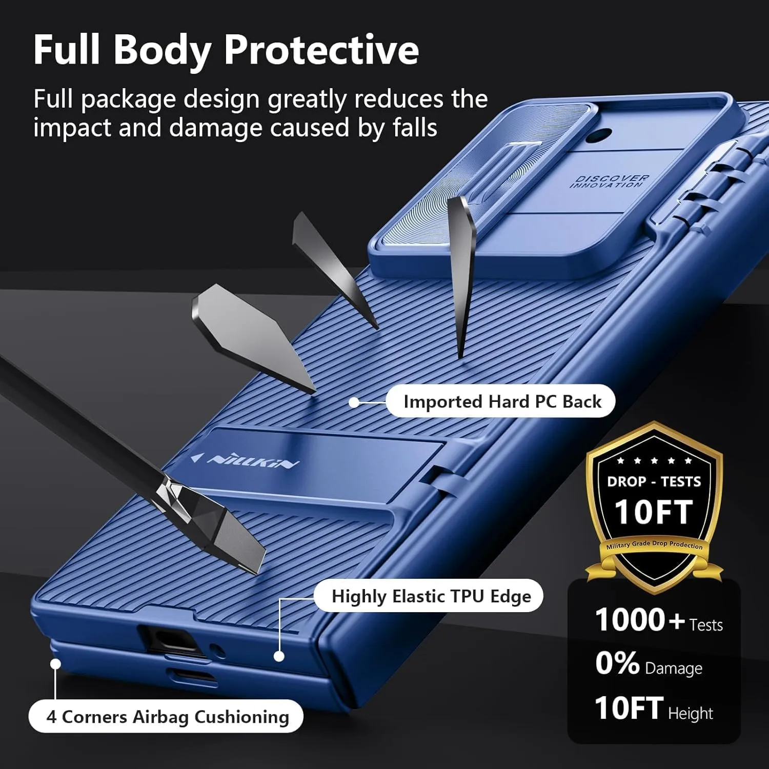 Nillkin for Samsung Galaxy Z Fold 6 Case with Stand, Built-in [Camera Lens Protector] [Hinge Protection] [ Screen Protector] Full Cover Slim Thin Protective Phone Case for Galaxy Z Fold 6 2024, Blue