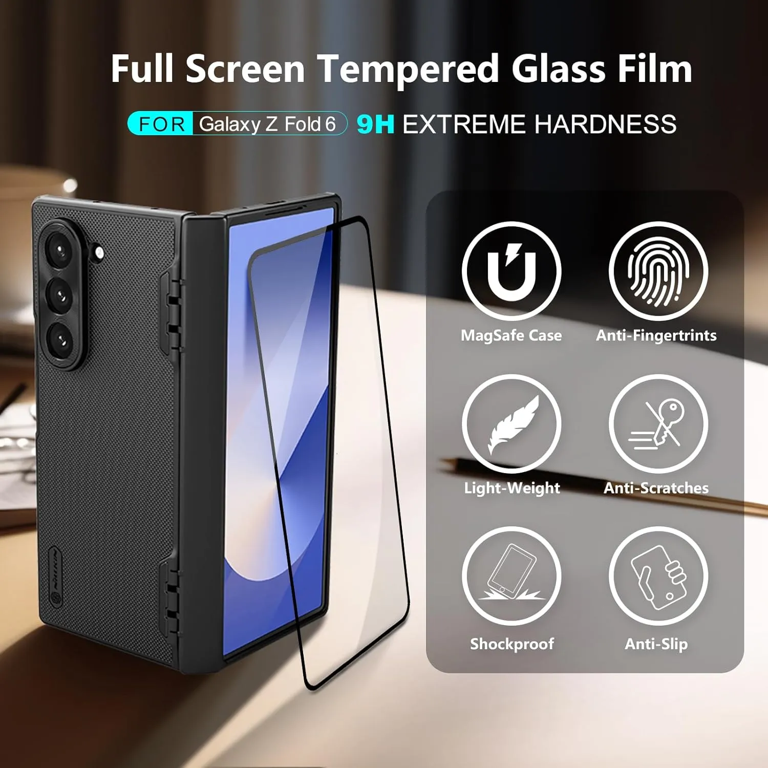 Nillkin for Samsung Galaxy Z Fold 6 Magnetic Case with Screen Protector, [Compatible with MagSafe][Hinge Protection] Frosted Texture Slim Fit Protective Phone Case for Galaxy Z Fold 6 Case Black