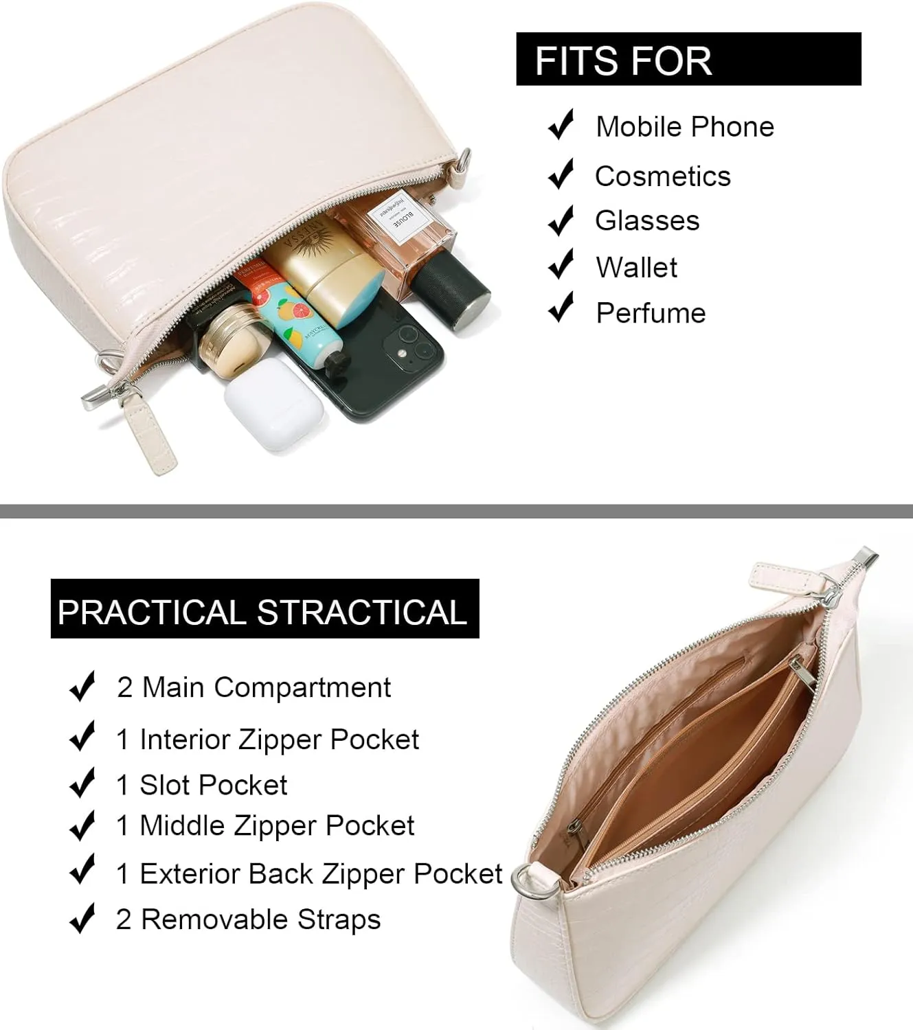NIUEIMEE ZHOU Small Shoulder bag with 2 Removable Straps Cross Body Clutch Purse Handbag for Women