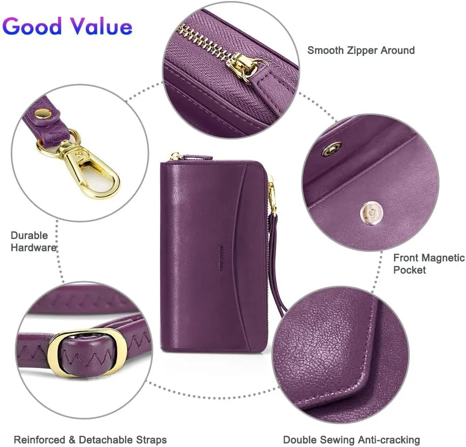 nuoku Womens RFID Wallet Purse Wristlet Crossbody Clutch with Zip Around 2 Strap