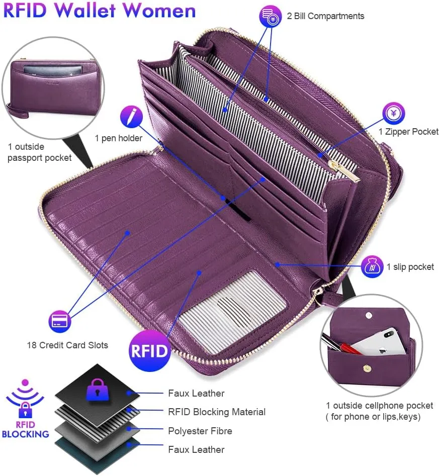 nuoku Womens RFID Wallet Purse Wristlet Crossbody Clutch with Zip Around 2 Strap