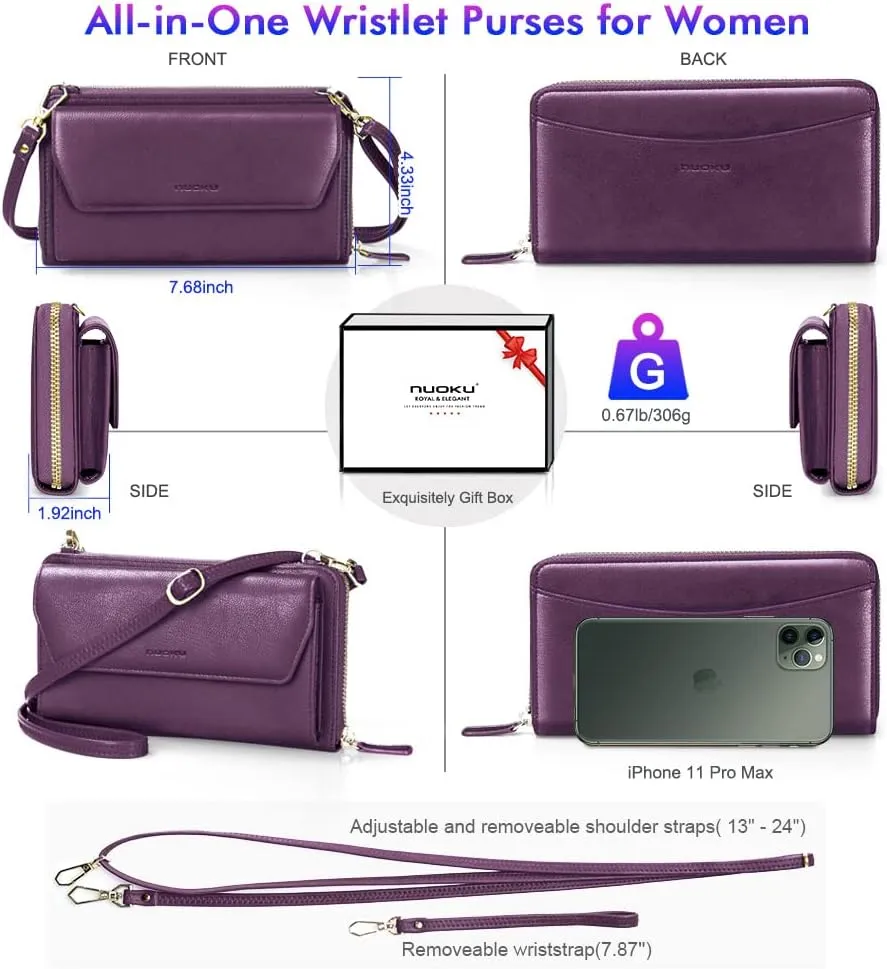 nuoku Womens RFID Wallet Purse Wristlet Crossbody Clutch with Zip Around 2 Strap