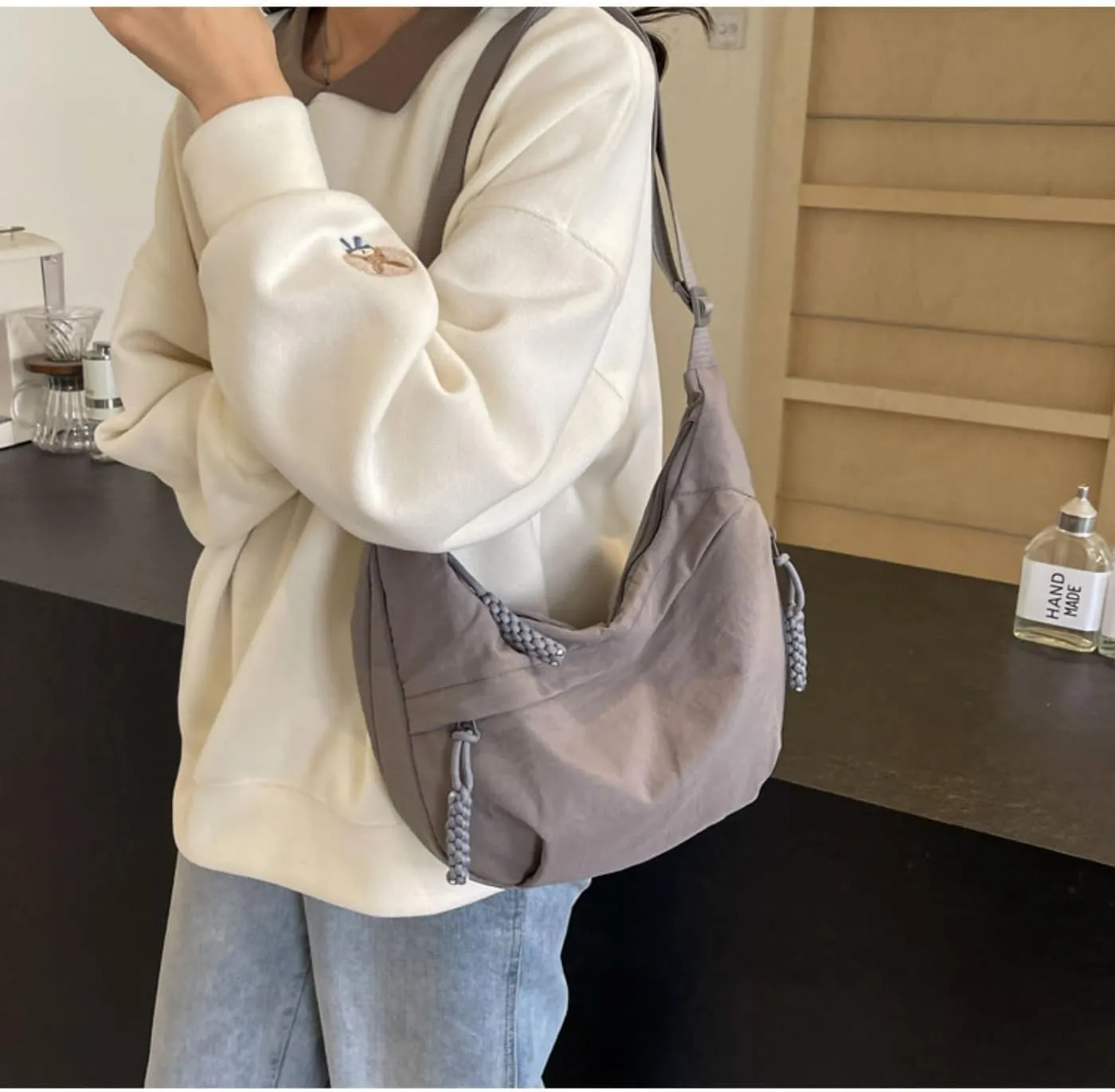 Nylon Crescent Crossbody Bag for Womens,Retro Canvas Bag,Trendy Casual Sling Bag Lightweight with Adjustable Strap