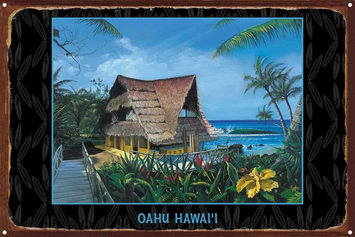 Oahu Hawai'i Hawaiian Hale Rustic Metal Art Print from Painting by Artist Scott Westmoreland 11.5" x 17.5"